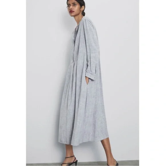 Zara Women's Limited Edition Collection Light Grey Linen Shirt Dress Size M - Picture 2 of 3